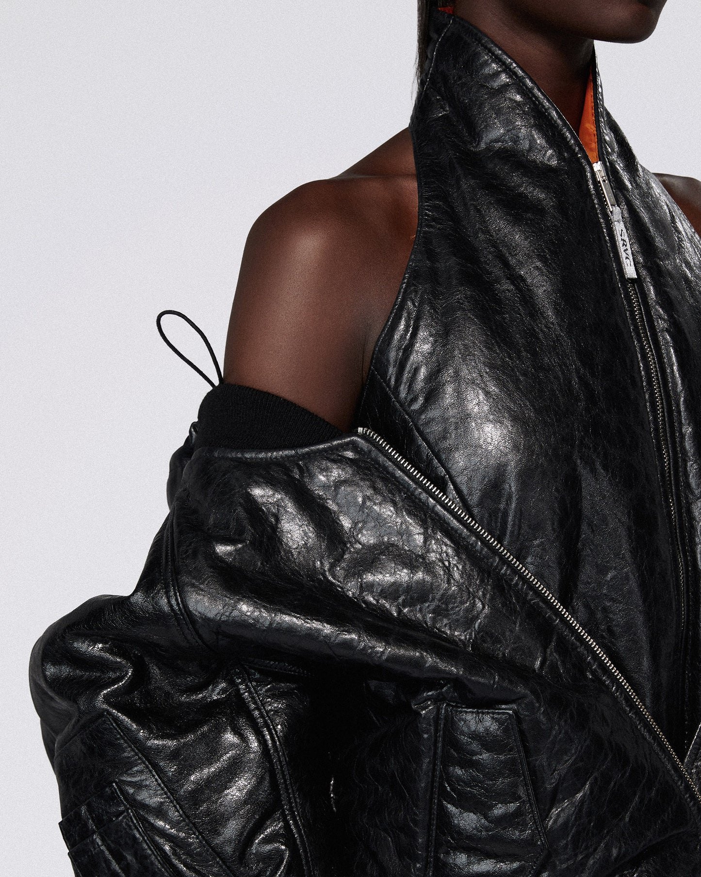 HALTER LEATHER BOMBER JACKET BLACK