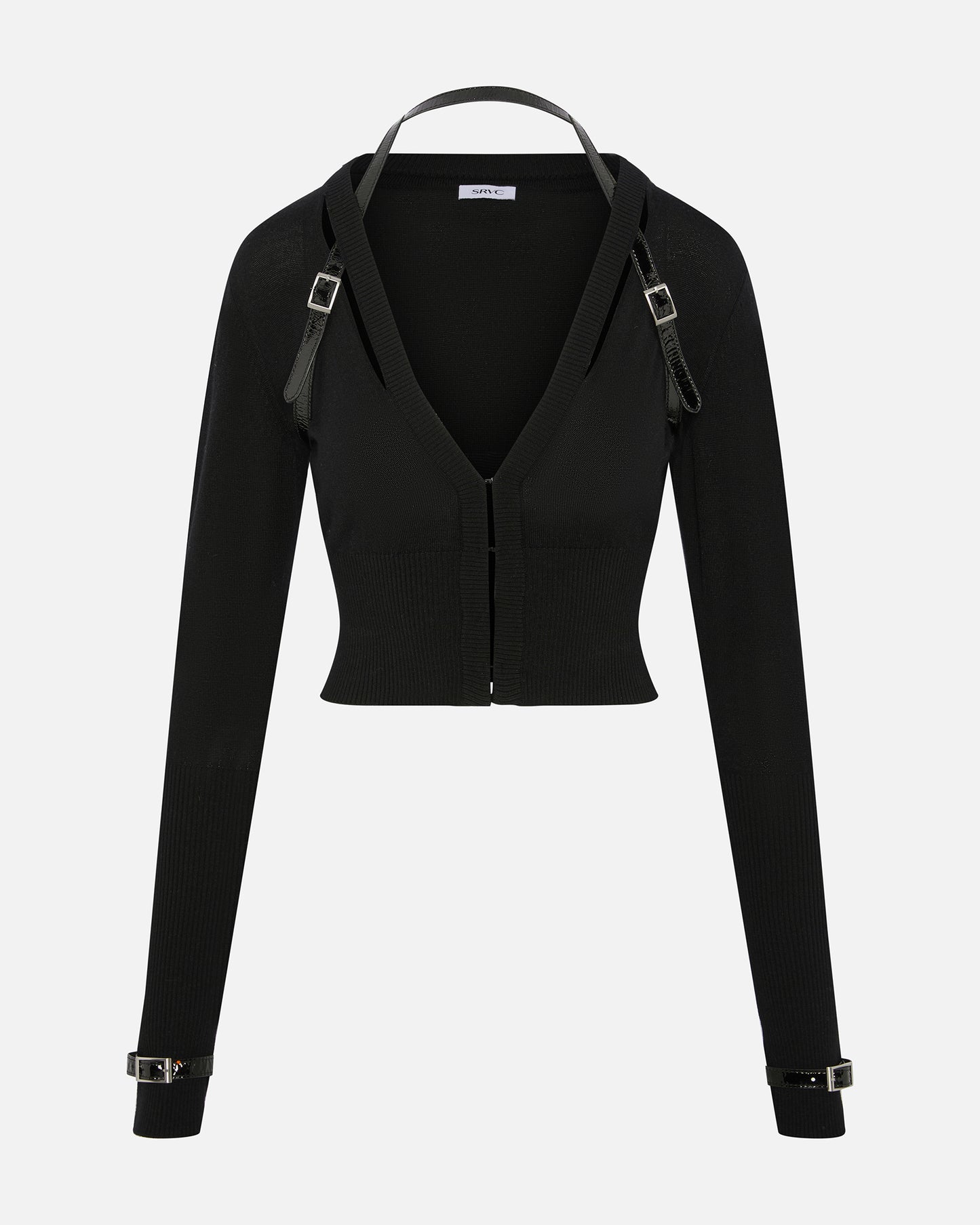 NOCTURNE KNIT CARDIGAN WITH PATENT LEATHER BELT BLACK