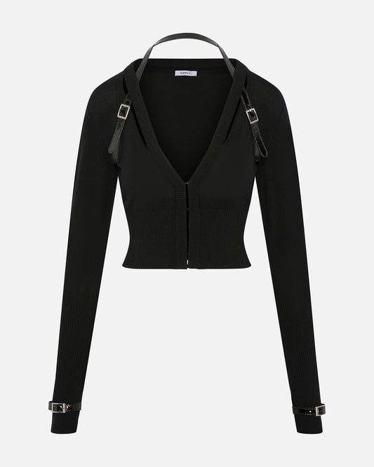 NOCTURNE KNIT CARDIGAN WITH PATENT LEATHER BELT BLACK