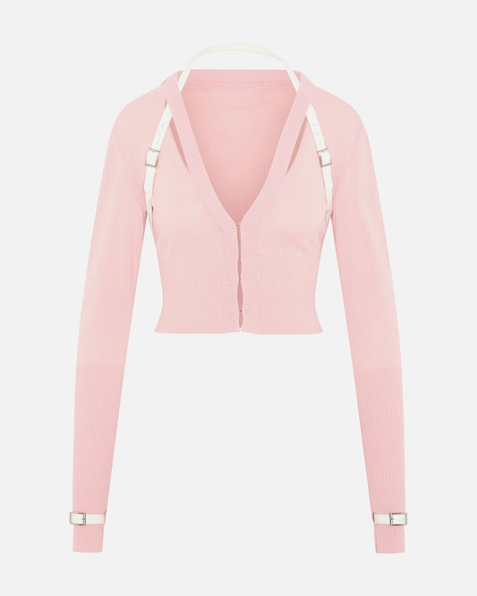 NOCTURNE KNIT CARDIGAN WITH PATENT LEATHER BELT BABY PINK