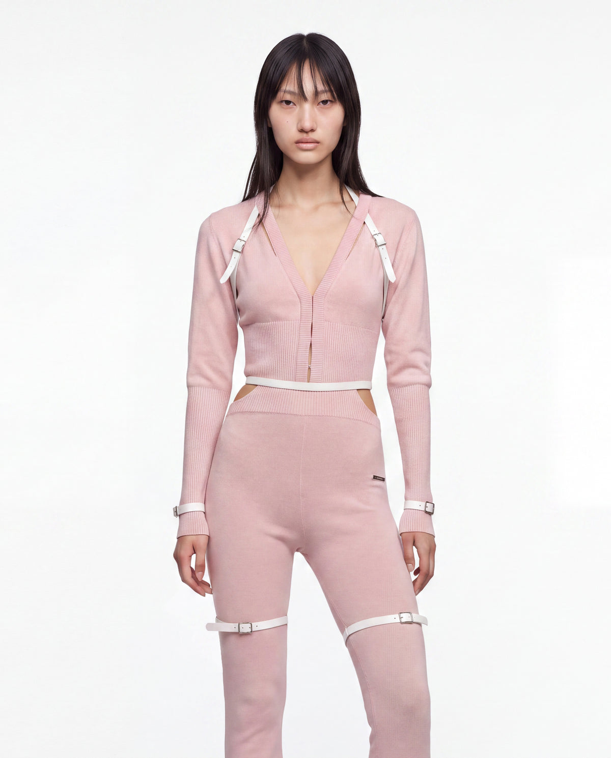NOCTURNE KNIT CARDIGAN WITH PATENT LEATHER BELT BABY PINK