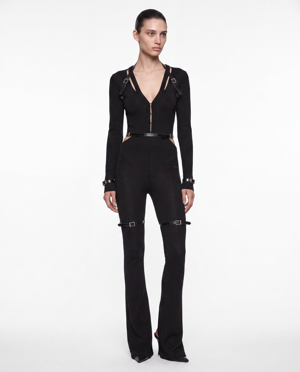 NOCTURNE KNIT CARDIGAN WITH PATENT LEATHER BELT BLACK