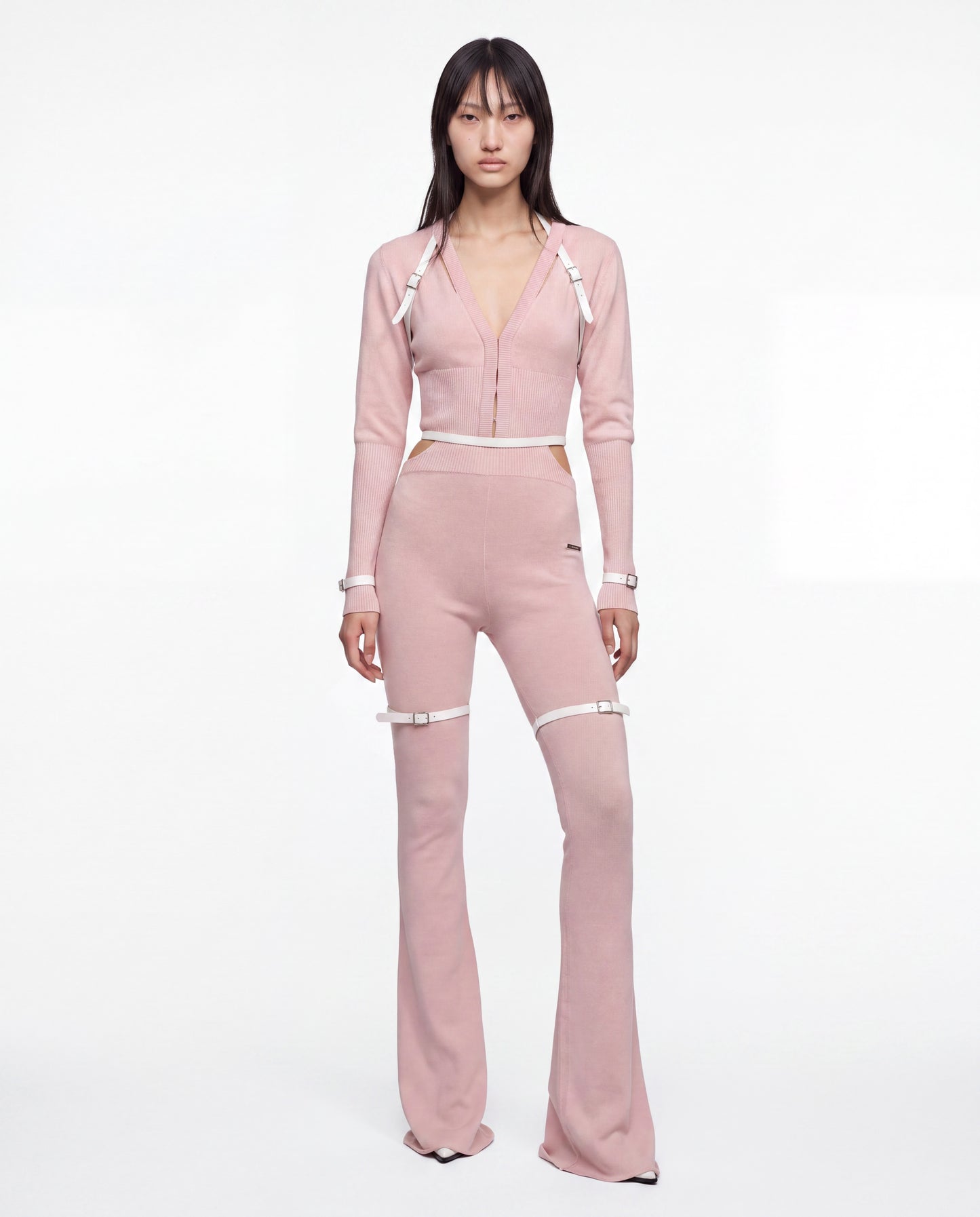 NOCTURNE KNIT CARDIGAN WITH PATENT LEATHER BELT BABY PINK