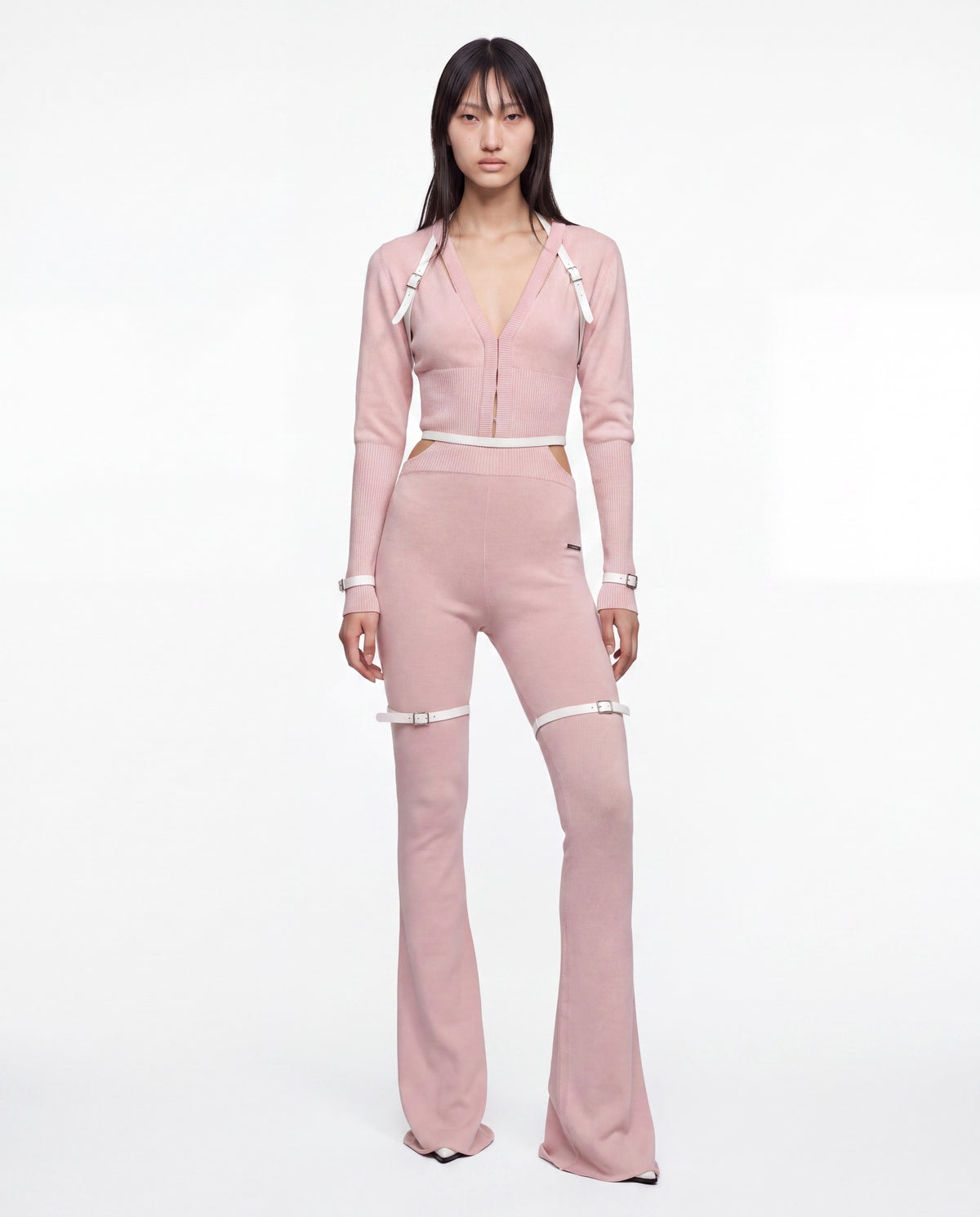 NOCTURNE KNIT PANTS WITH PATENT LEATHER BELT BABY PINK