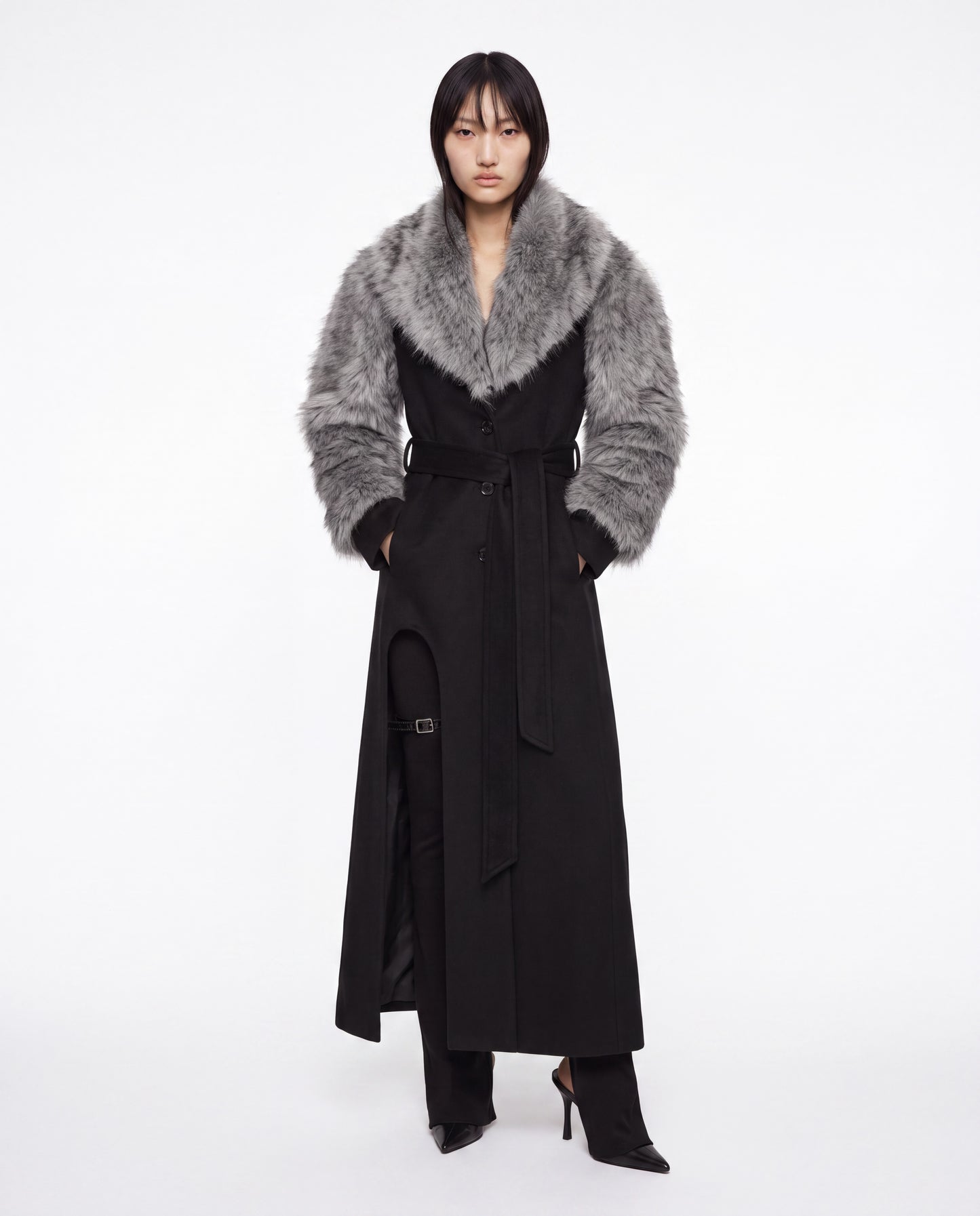 RAVEN COAT WITH DETACHABLE FAUX FUR GREY/BLACK