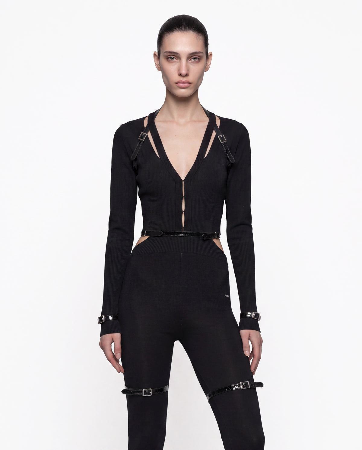 NOCTURNE KNIT CARDIGAN WITH PATENT LEATHER BELT BLACK