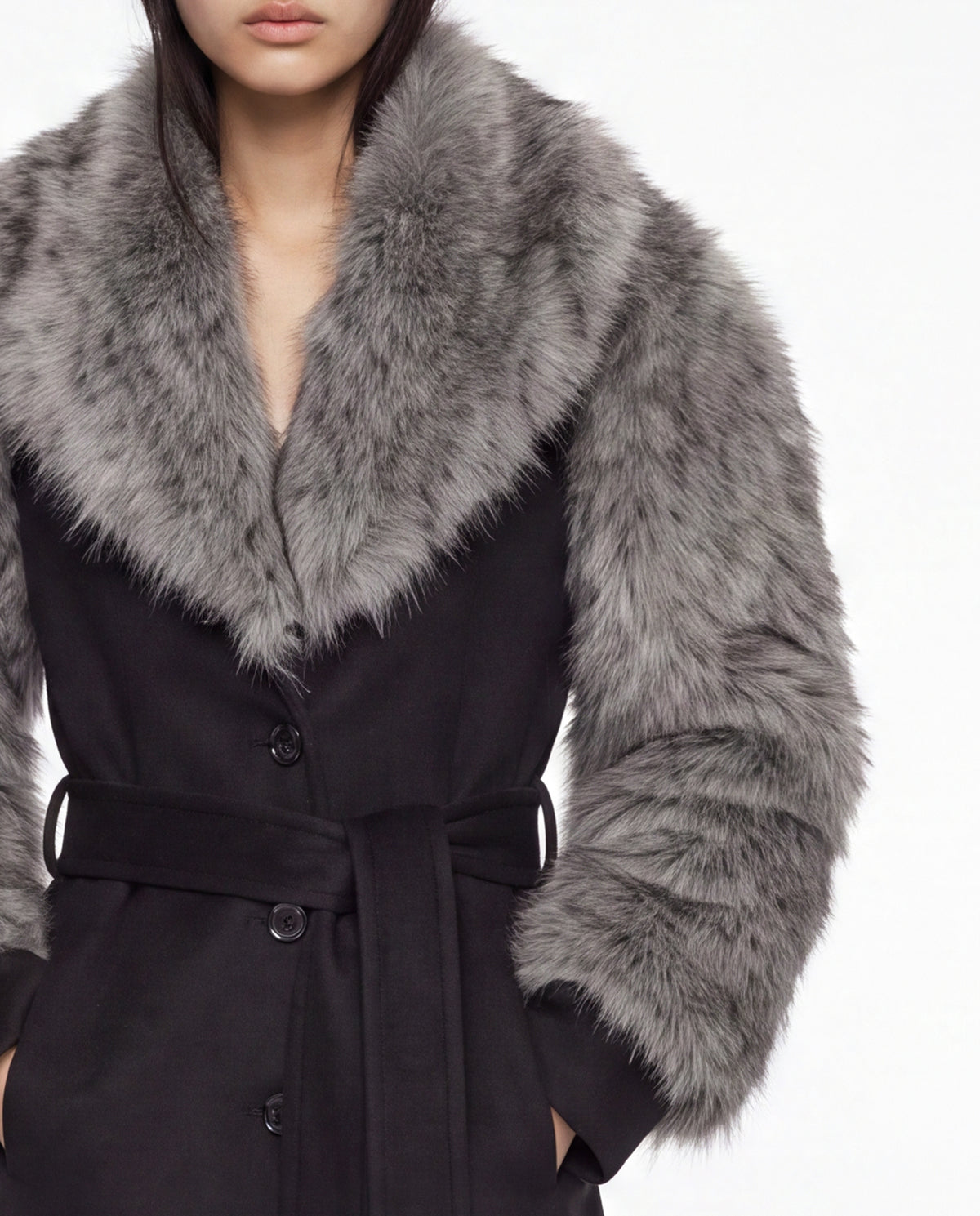 RAVEN COAT WITH DETACHABLE FAUX FUR GREY/BLACK
