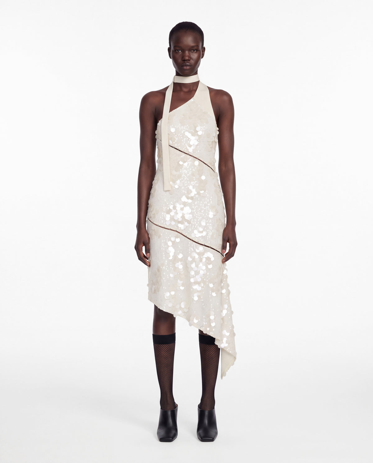 ASYMMETRIC SEQUIN DRESS IVORY