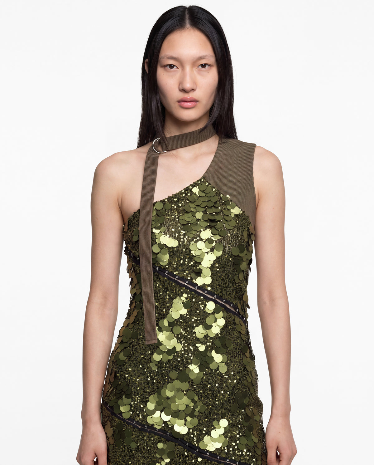 ASYMMETRIC SEQUIN DRESS MILITARY GREEN