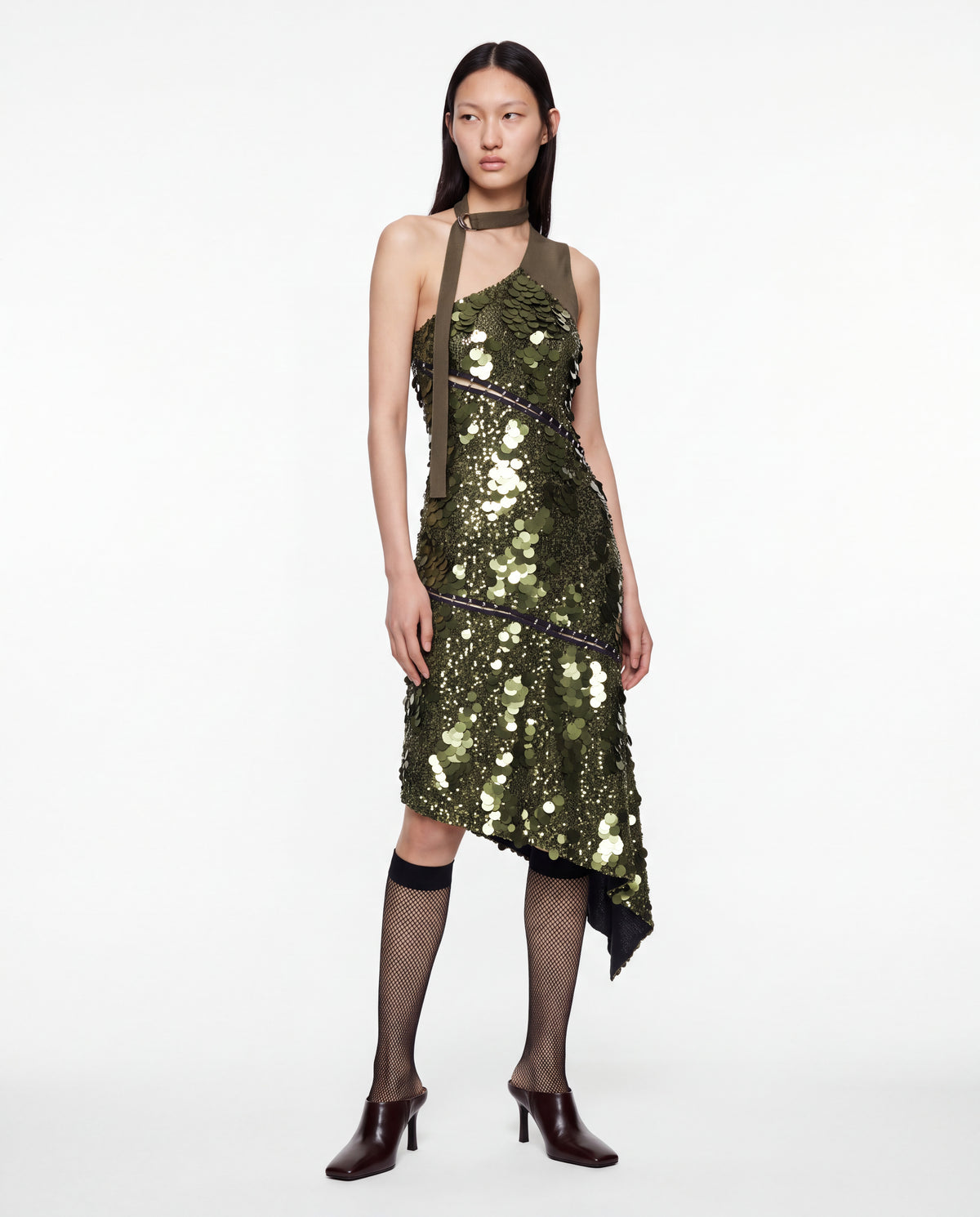 ASYMMETRIC SEQUIN DRESS MILITARY GREEN