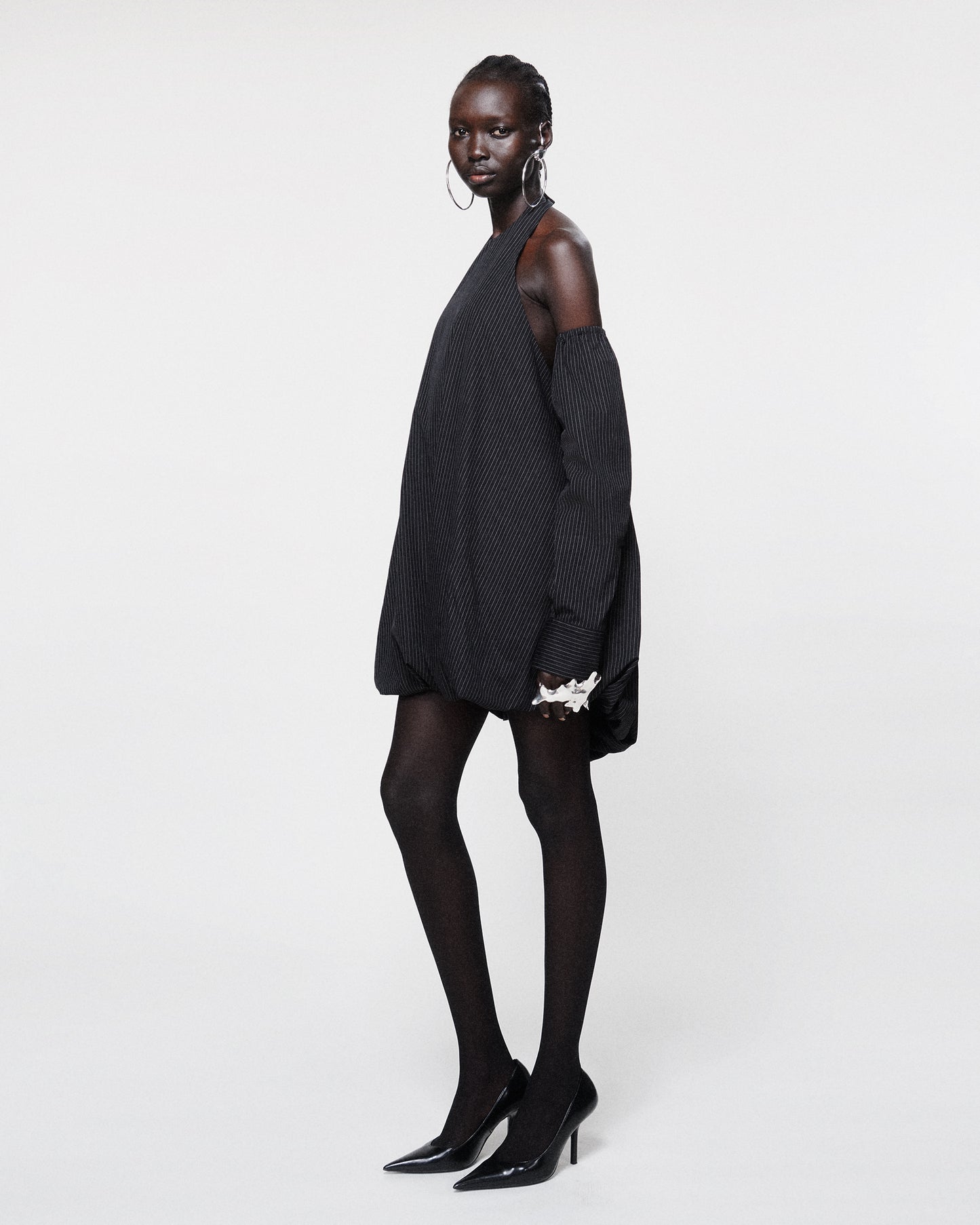 PUFFBALL DRESS BLACK PINSTRIPE