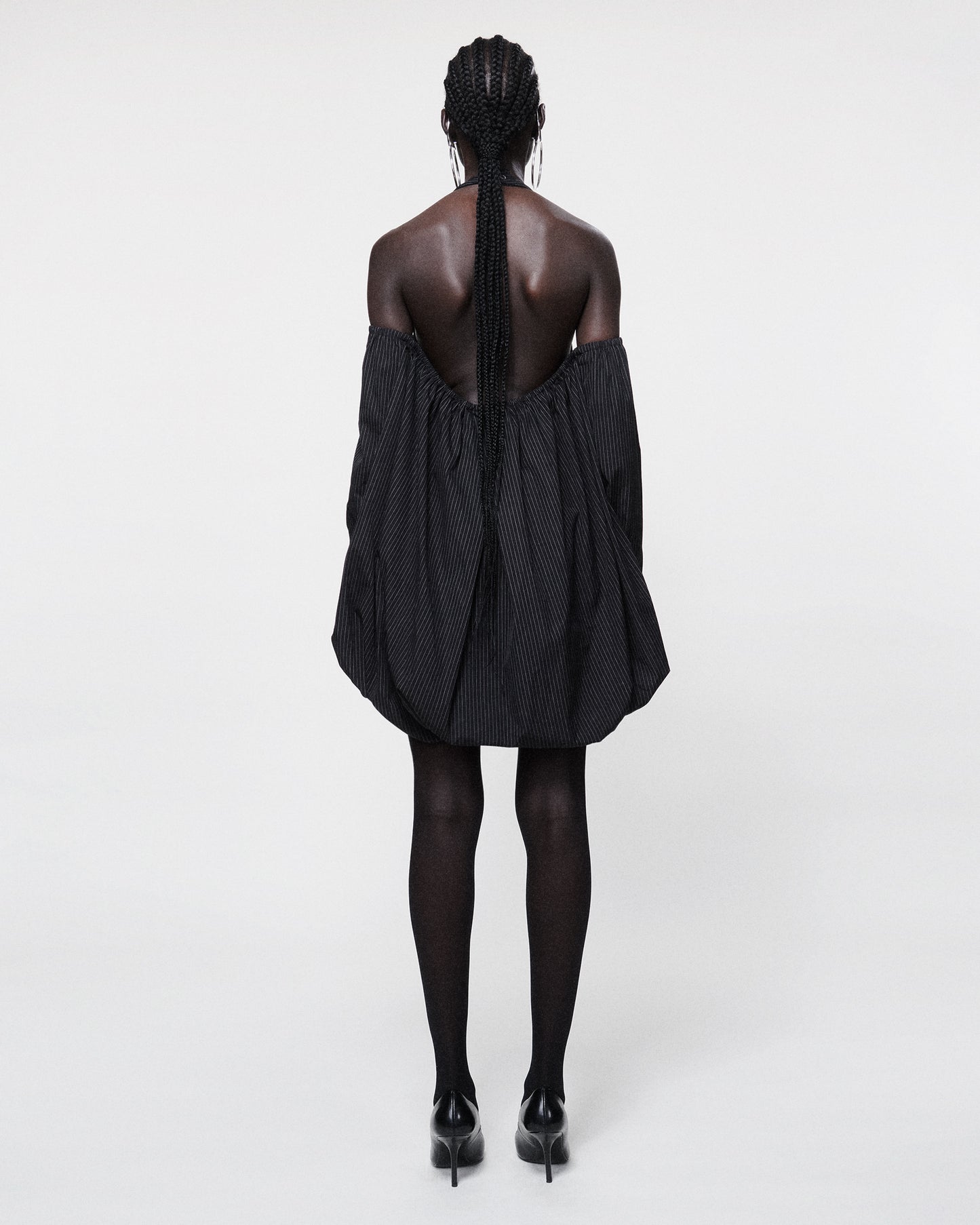 PUFFBALL DRESS BLACK PINSTRIPE