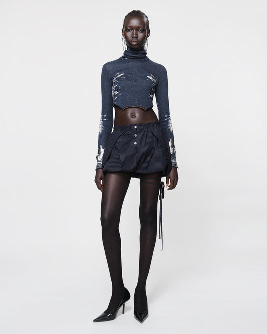 PUFFBALL SKIRT NAVY PINSTRIPE